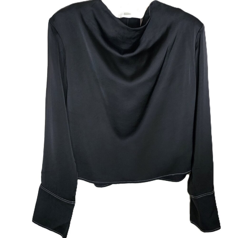 NWT H&M BLACK LONG SLEEVED BLOUSE w/ WHITE STITCHING CONTRAST and COWL NECK SZ S